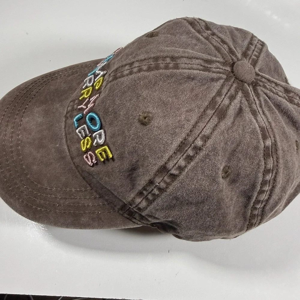 Time and Tru Brown Washed Cotton Camp More Worry Less Baseball Hat Adjustable